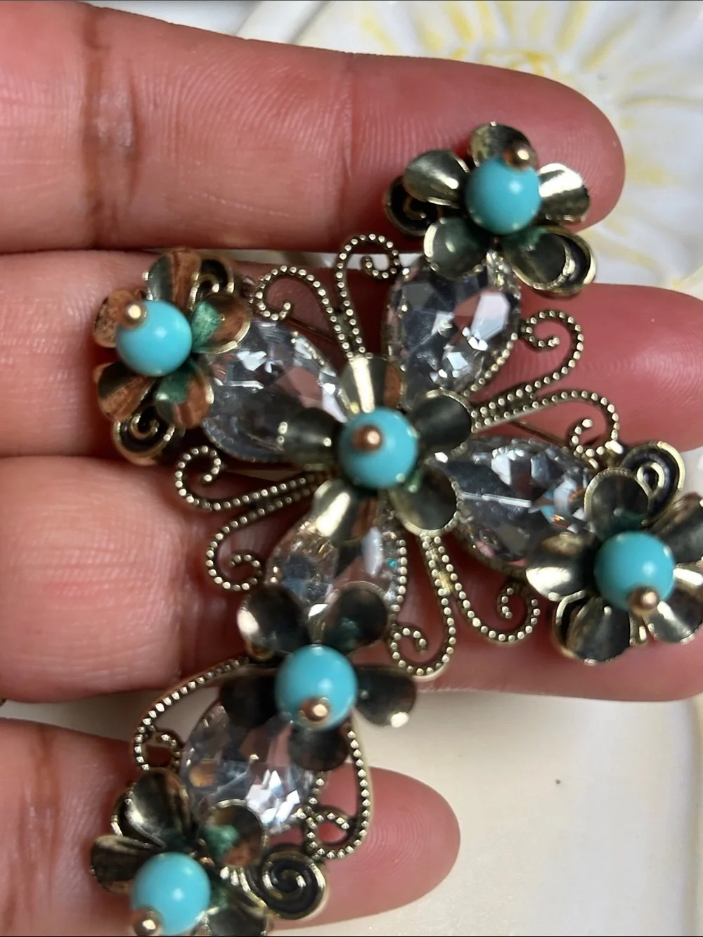 Vintage-Style Turquoise & Crystal Floral Cross Pendant Necklace